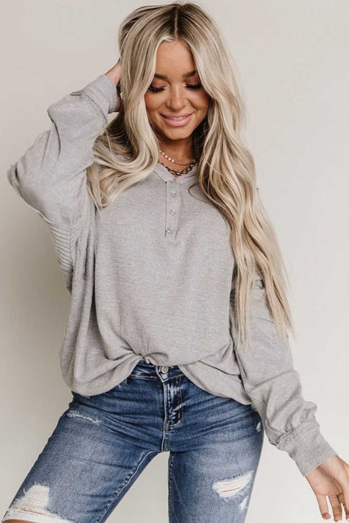 Waffle Patchwork Dolman Sleeve Henley Top